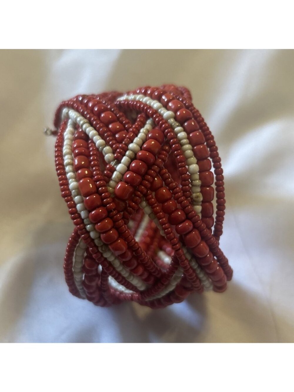 Boho Artisan Retro Red & White Beaded Wire Coil Cuff Bracelet Handmade Preloved